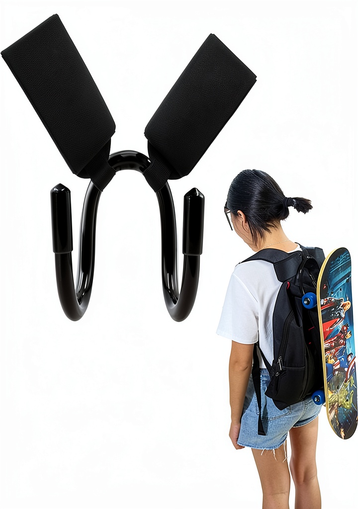 AUXPhome Skateboard Hook attached to a backpack with a skateboard secured