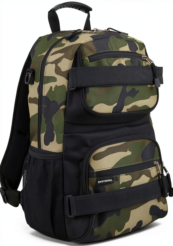 Eastsport Skateboard Backpack in Army Camo color with adjustable straps and pockets