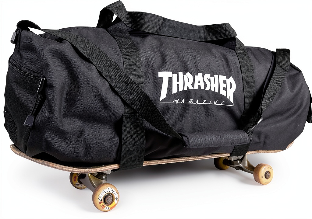 Skateboard bag showcasing dimensions and material details